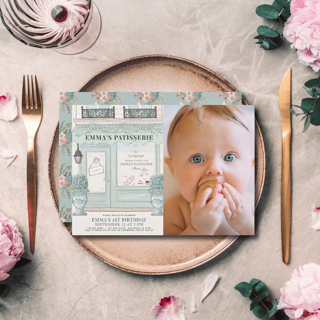 French Bakery Patisserie Green 1st Birthday Photo Invitation (Creator Uploaded)