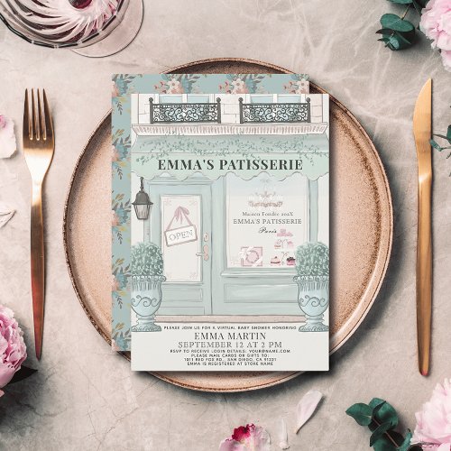 French Bakery Patisserie Green Virtual Baby Shower Invitation