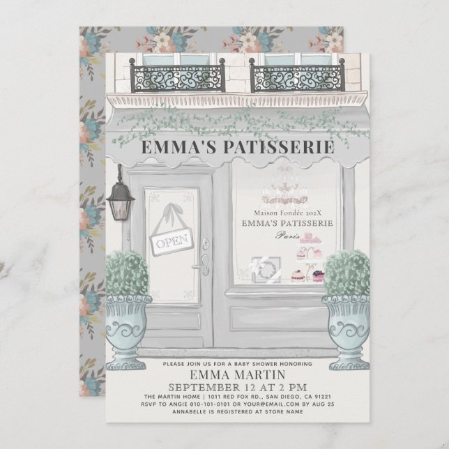 French Bakery Patisserie Paris Gray Baby Shower Invitation (Front/Back)