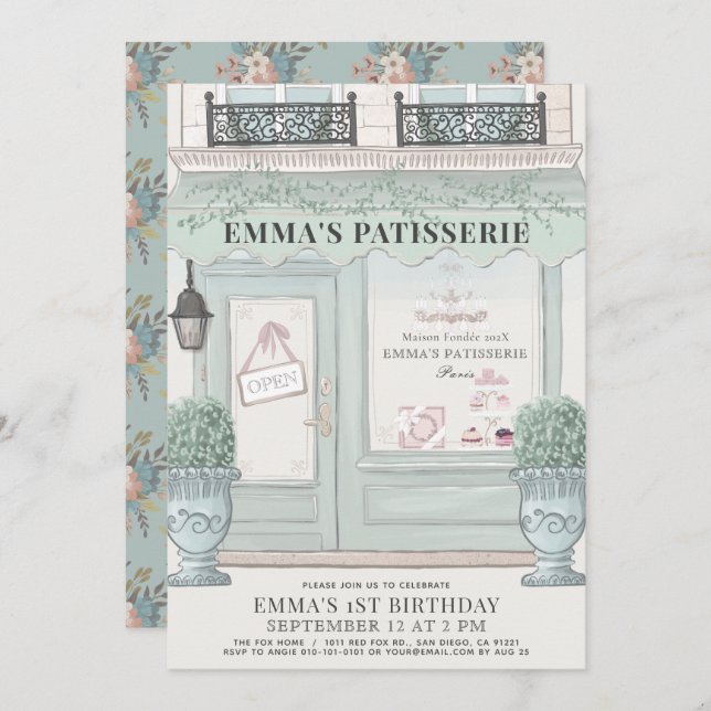 French Bakery Patisserie Paris Green 1st Birthday Invitation (Front/Back)