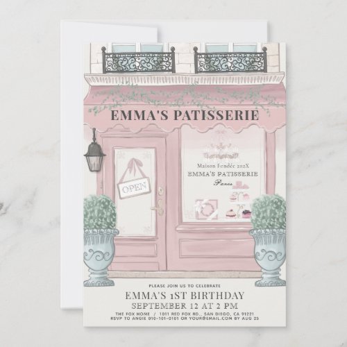 French Bakery Patisserie Paris Pink 1st Birthday Invitation