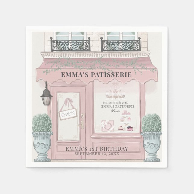 French Bakery Patisserie Paris Pink 1st Birthday Napkins (Front)