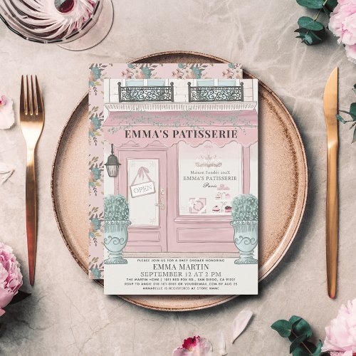 French Bakery Patisserie Paris Pink Baby Shower Invitation