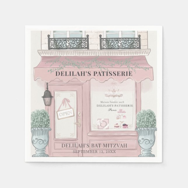 French Bakery Patisserie Paris Pink Bat Mitzvah Napkins (Front)