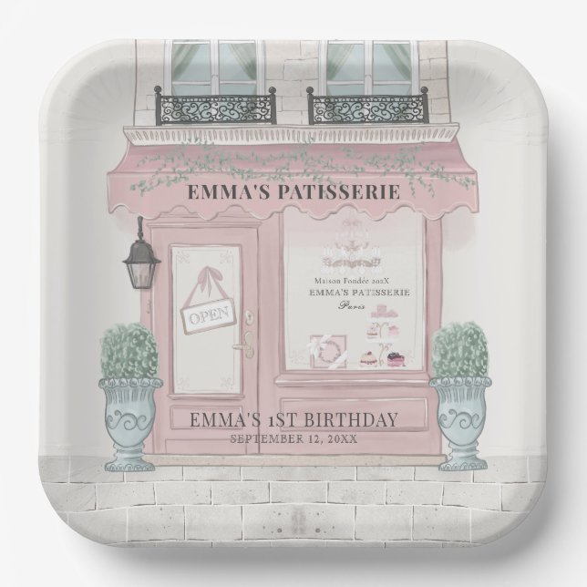 French Bakery Patisserie Paris Pink Birthday Paper Plates (Front)