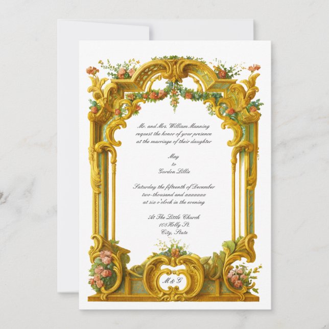 French Baroque Rococo Style Color Border Wedding Invitation (Front)