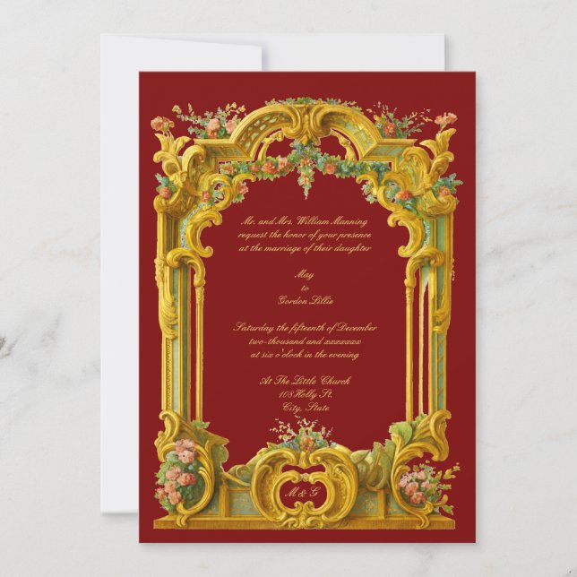 French Baroque Rococo Style Color Border Wedding Invitation (Front)
