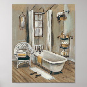 Bathtub Canvas Prints Vintage French Style Shabby Victorian , Watercolor  Floral Bathroom Wall Art Painting Pictures Decoration 