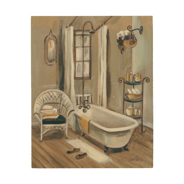French Bathroom with Bathtub Wood Wall Art (Front)