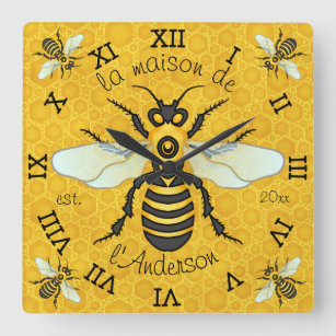 French Bee Honeycomb Family Name Elegant Honeybee Square Wall Clock