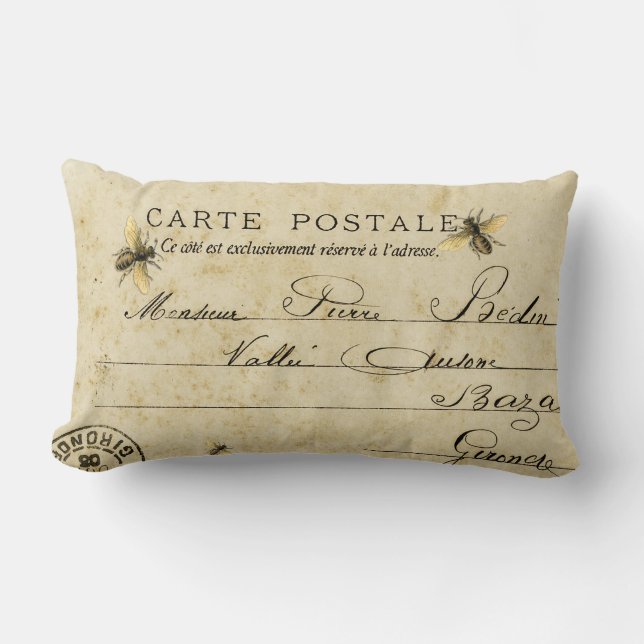 French Bee Post Card Lumbar Pillow (Front)