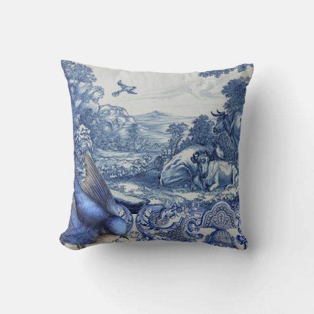 French Bird Cow Trees Blue and White Toile Collage Throw Pillow (Front)