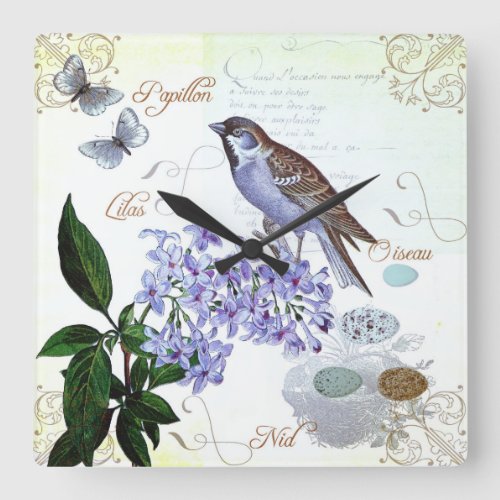 French Bird Floral Collage Vintage Look Square Wall Clock