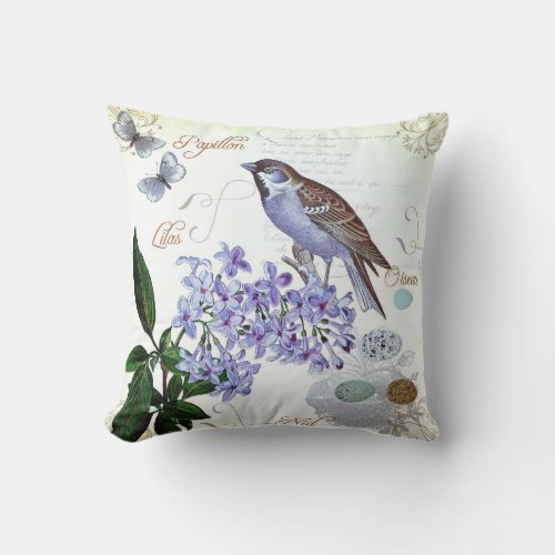 French Bird Floral Collage Vintage Look Throw Pillow