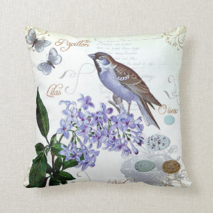 French Bird Floral Collage Vintage Look Throw Pillow