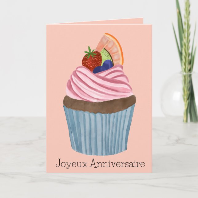 French Birthday Fruit Cupcake Card (Front)