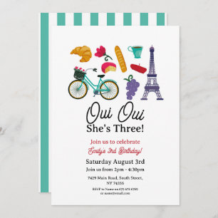 French Birthday Paris Oui Oui Three Girls  Invitation
