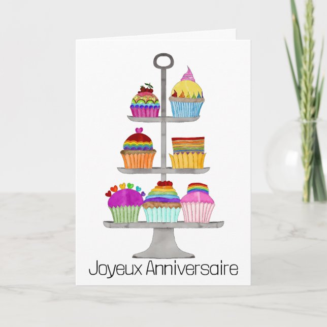 French Birthday Rainbow colors cupcakes  Card (Front)