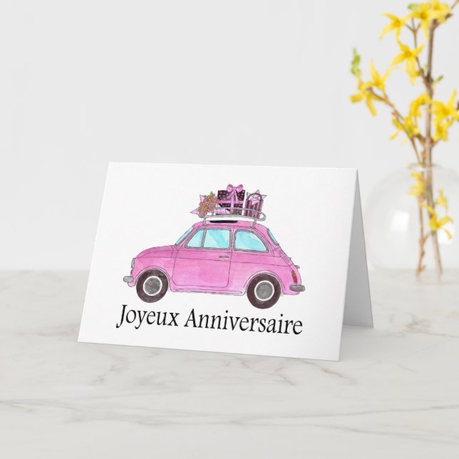 French Birthday Retro Fiat 500 Card (Yellow Flower)