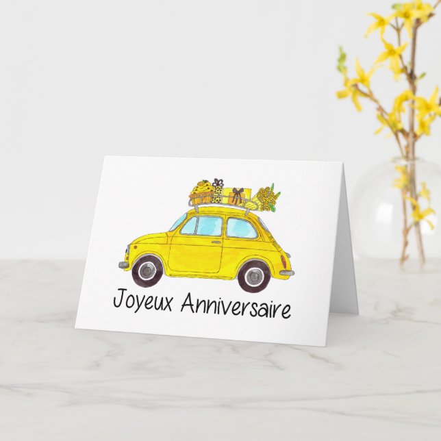 French Birthday Retro Fiat 500 Card (Yellow Flower)