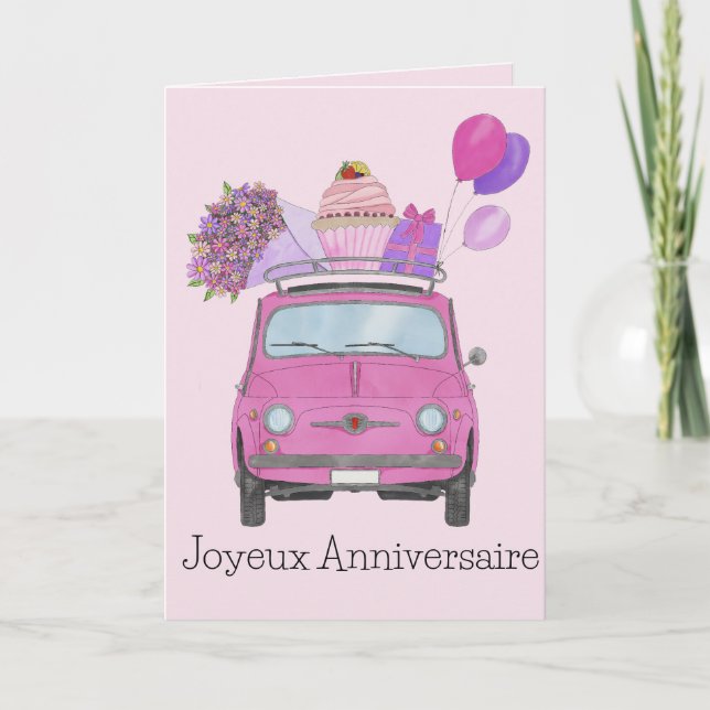 French Birthday Retro Fiat 500 Card (Front)