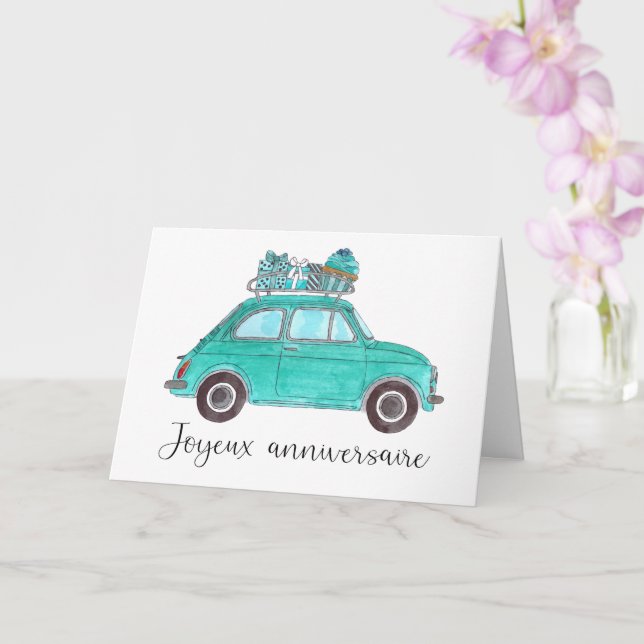French Birthday Retro Fiat 500 Card (Orchid)