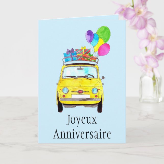 French Birthday Retro Fiat 500 Card (Orchid)