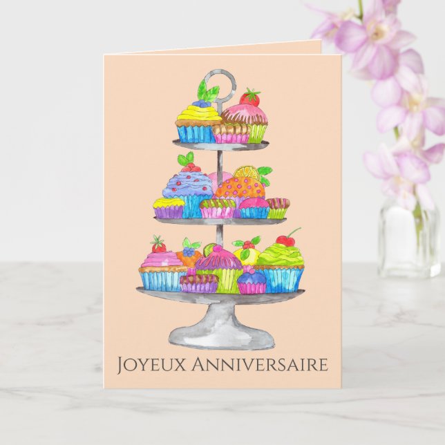 French Birthday Watercolor cupcakes  Card (Orchid)