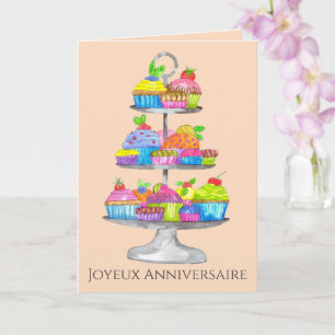 French Birthday Watercolor cupcakes Card