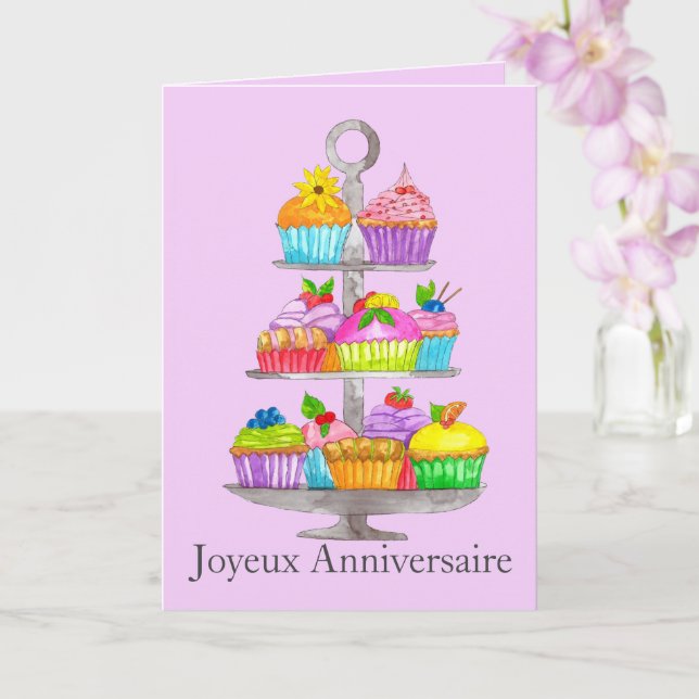 French Birthday Watercolor cupcakes  Card (Orchid)