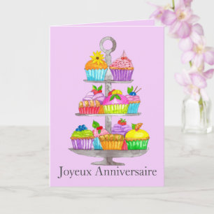 French Birthday Watercolor cupcakes Card