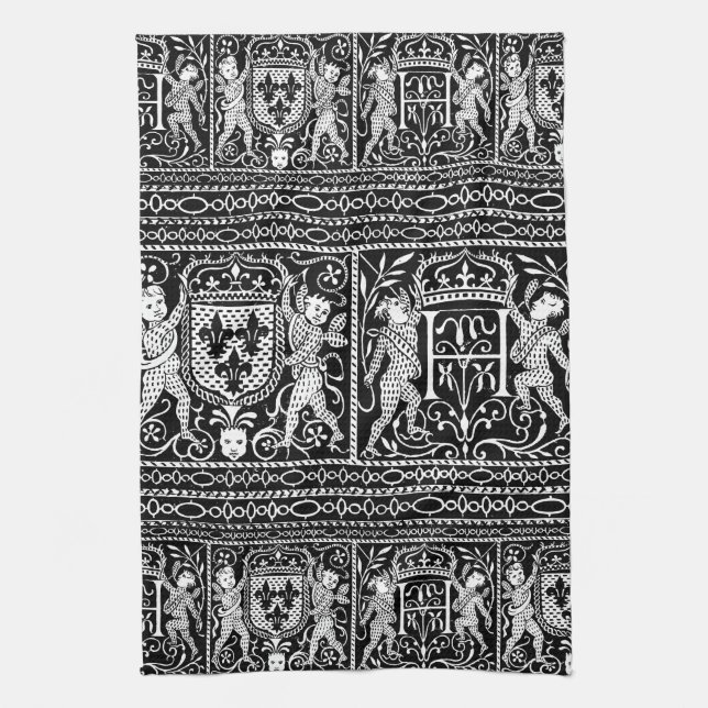 French Black and White Medieval Pattern Monogram H Kitchen Towel (Vertical)
