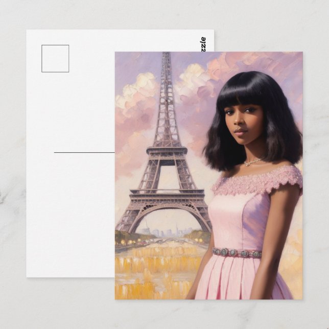 French Black Girl Pink Parisian Art Postcard (Front/Back)