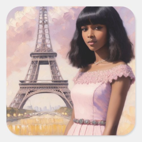 French Black Girl Pink Parisian Art Square Sticker