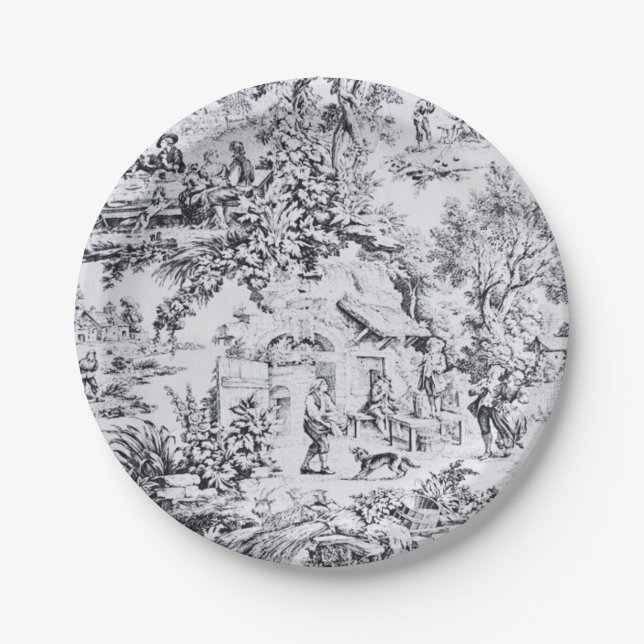 French Black White Toile Chinoiserie Rustic Style  Paper Plates (Front)