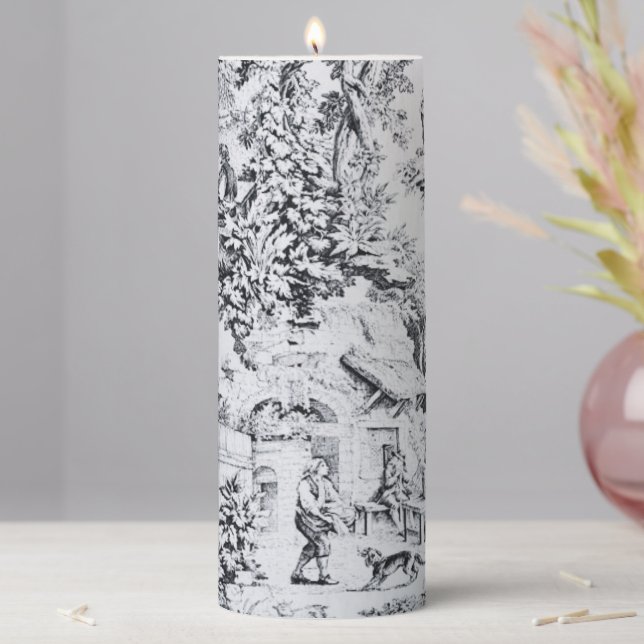 French Black White Toile Chinoiserie Rustic Style  Pillar Candle (In Situ)