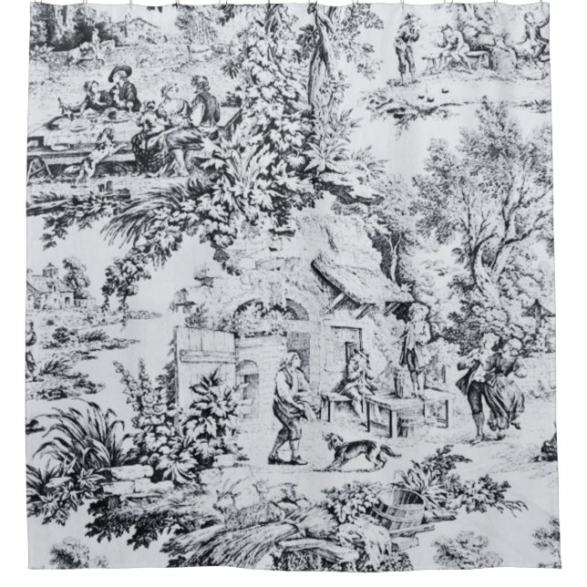 French Black White Toile Chinoiserie Rustic Style  Shower Curtain (Front)