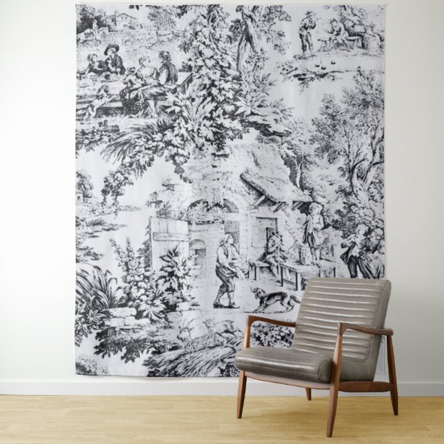 French Black White Toile Chinoiserie Rustic Style  Tapestry (In Situ)