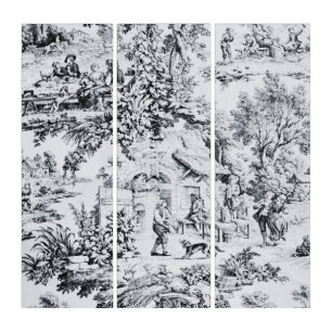 French Black White Toile Chinoiserie Rustic Style Triptych