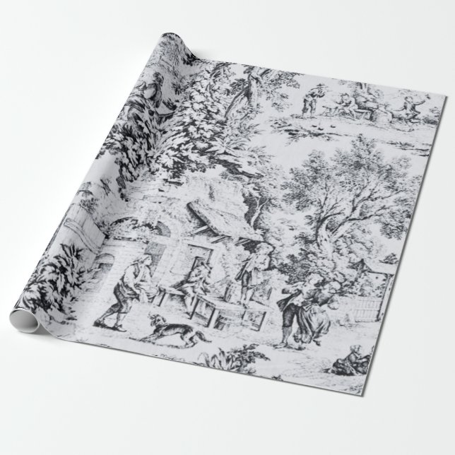 French Black White Toile Rustic Style Decoupage Wrapping Paper (Unrolled)