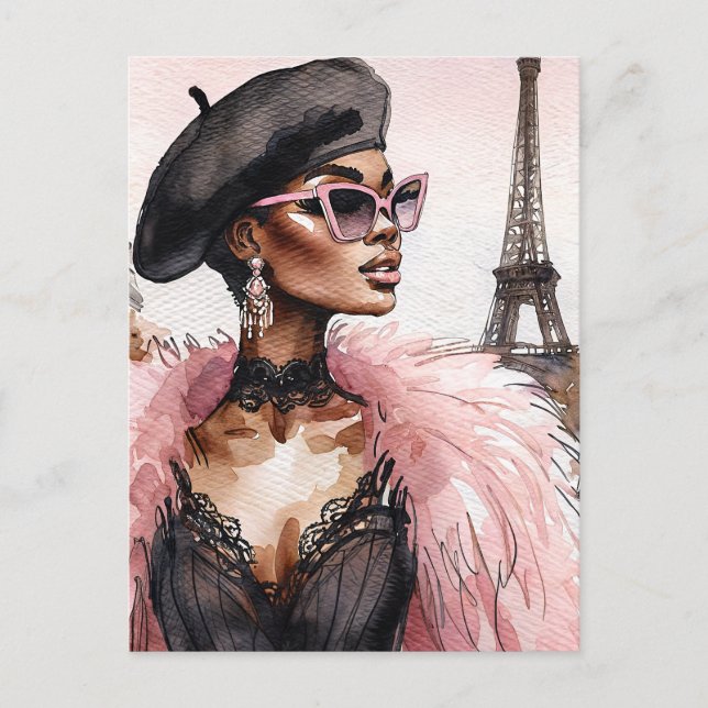 French Black Woman Eiffel Tower Art Postcard (Front)