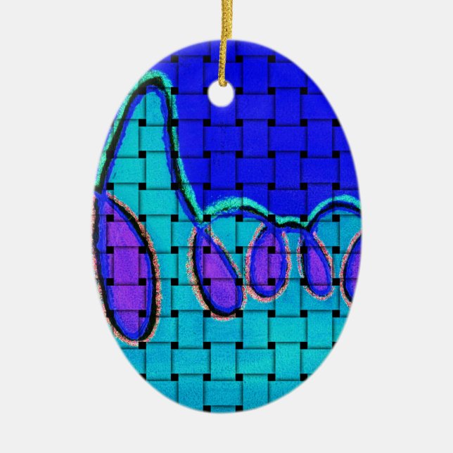 French Blue Abstract with Woven Texture Ceramic Ornament (Front)