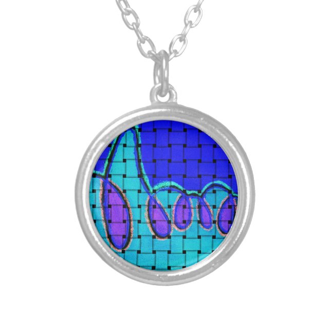 French Blue Abstract with Woven Texture Silver Plated Necklace (Front)