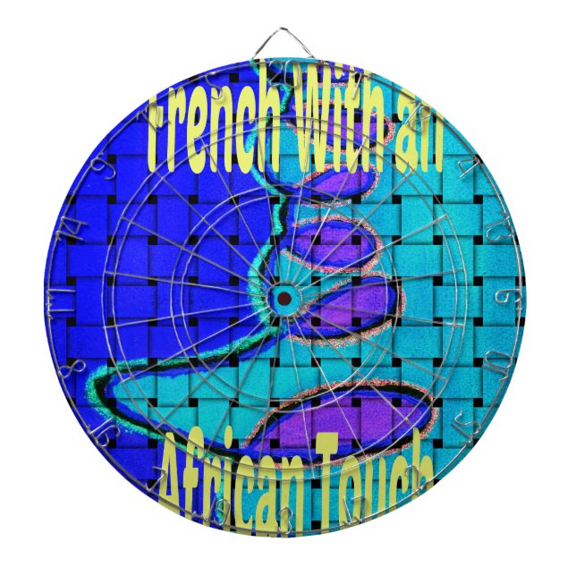 French Blue African Woven Abstract Purple Shape Dartboard With Darts (Front)