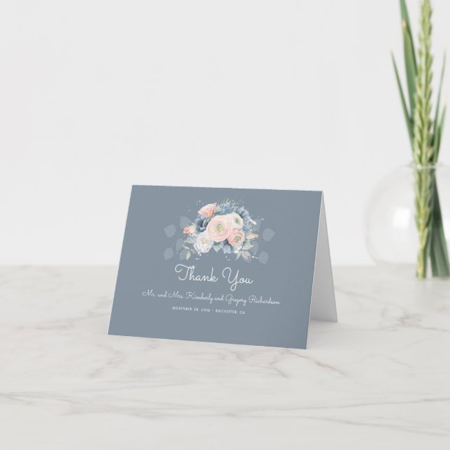 French Blue and Dusty Rose Elegan Floral Thank You (Front)