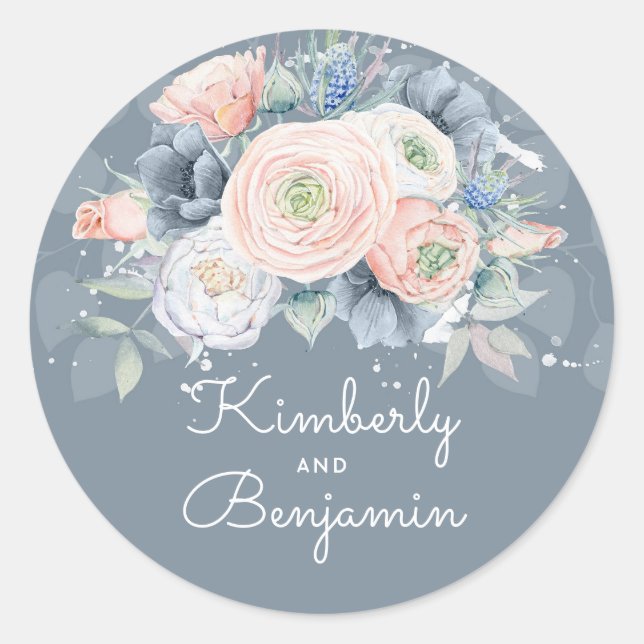 French Blue and Quartz Rose Floral Wedding Classic Round Sticker (Front)
