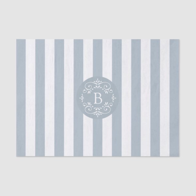 French Blue and White Awning Stripes with Monogram Tissue Paper (Front)