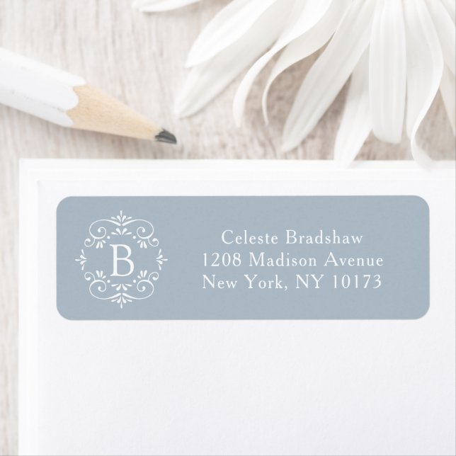 French Blue and White Elegant Monogram Label (Insitu)