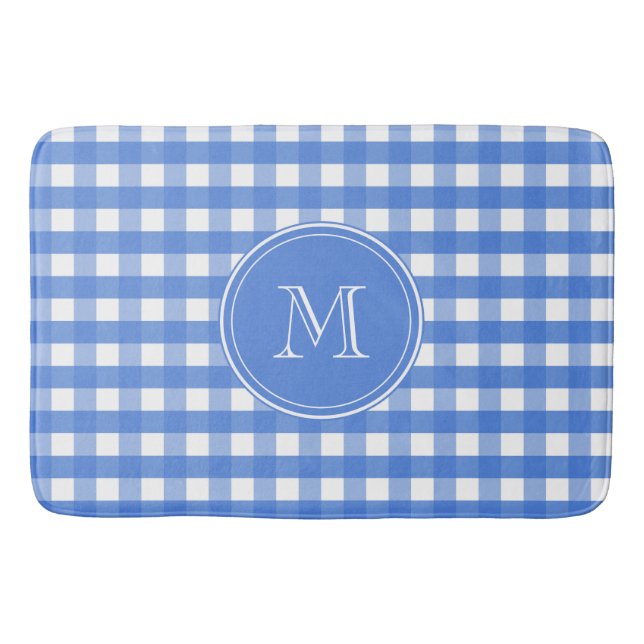 French Blue and White Gingham Checks Bath Mat (Front)