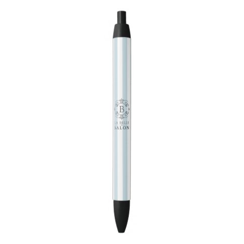 French Blue Awning Stripes with Monogram Logo Black Ink Pen